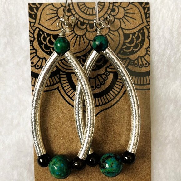 Chrysocolla and Garnet with Silver Genuine Gemstone Earrings, Handmade Original - Picture 4 of 5